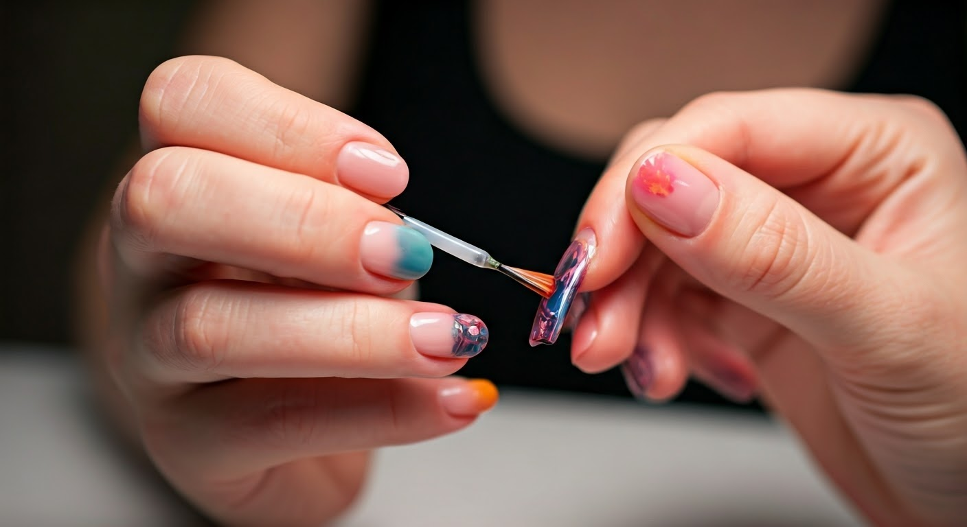 Hand painting vibrant acrylic nails.