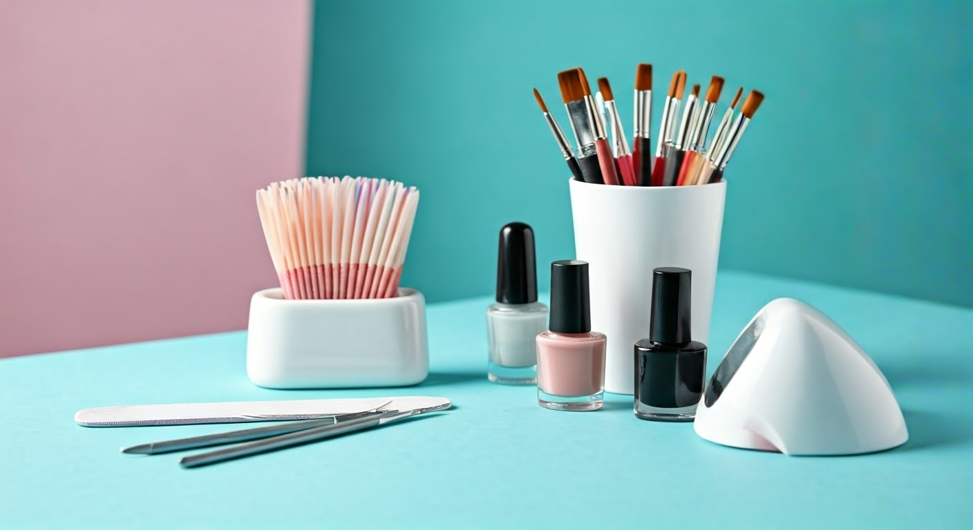 Nail painting station with essential tools.