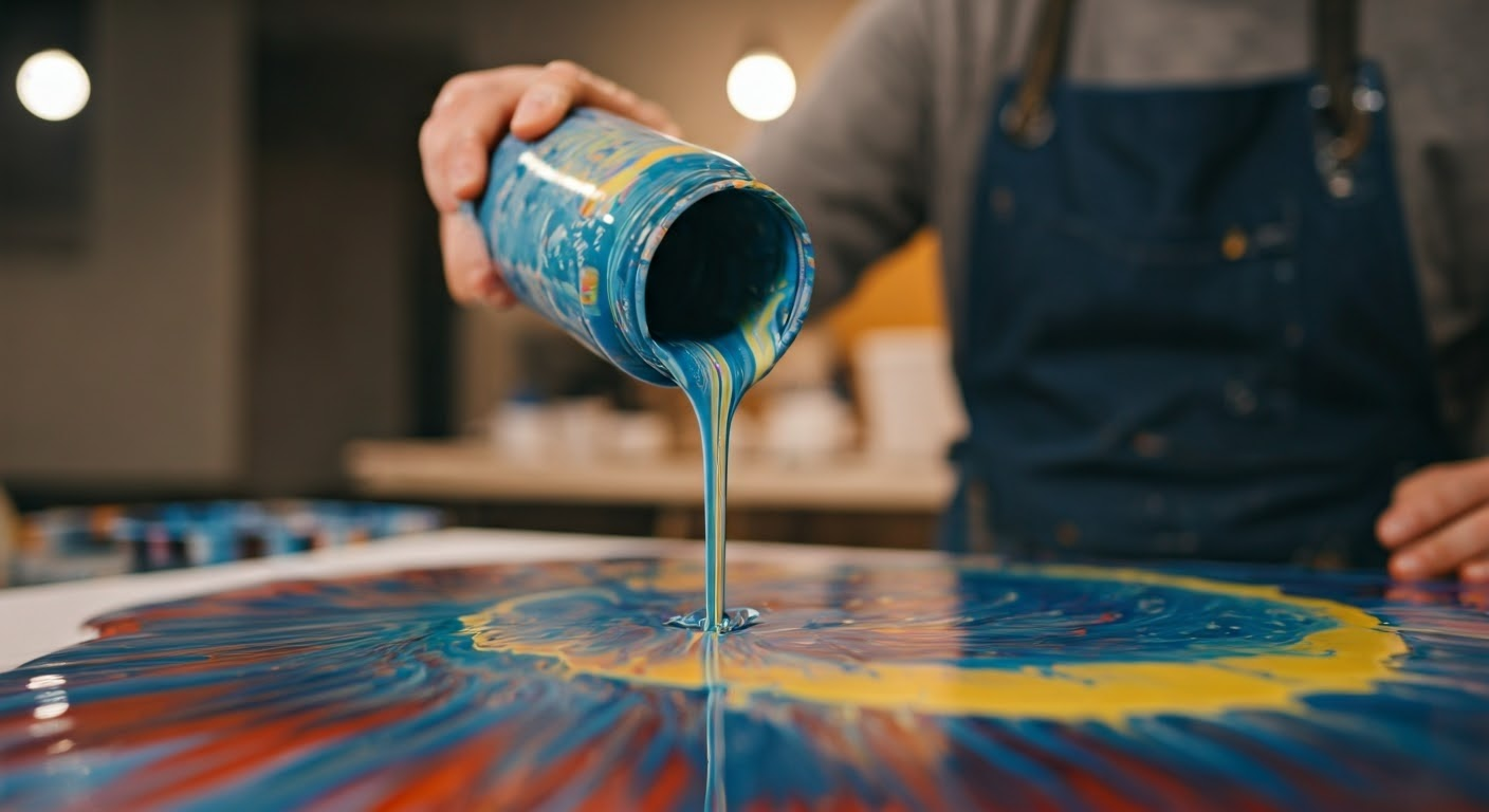 Artist pouring acrylic paint on canvas.