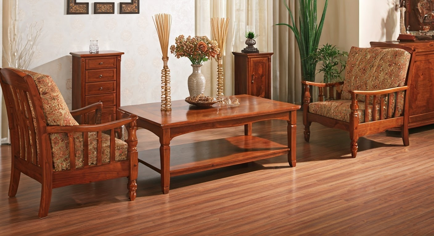Living room with varnished wood furniture.