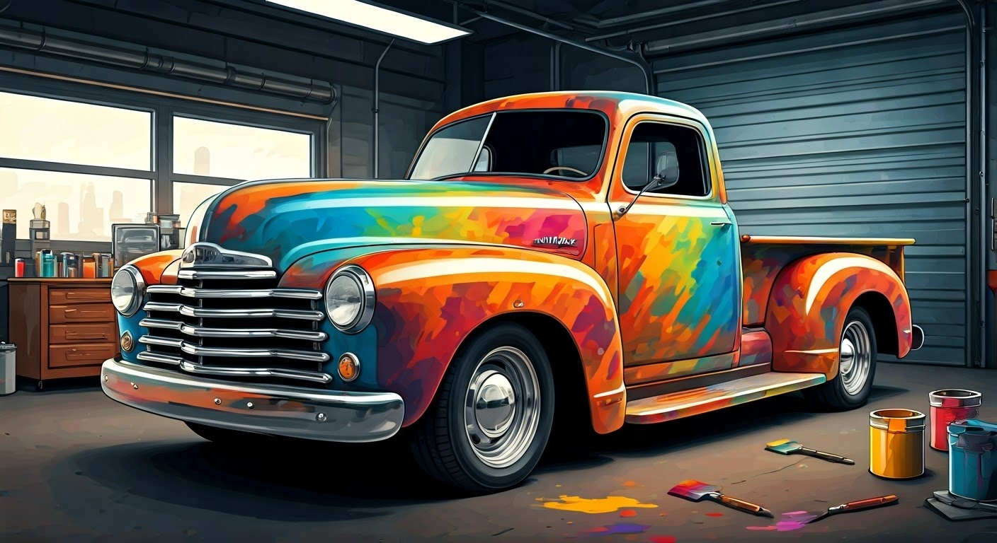 Colorful truck being painted in garage