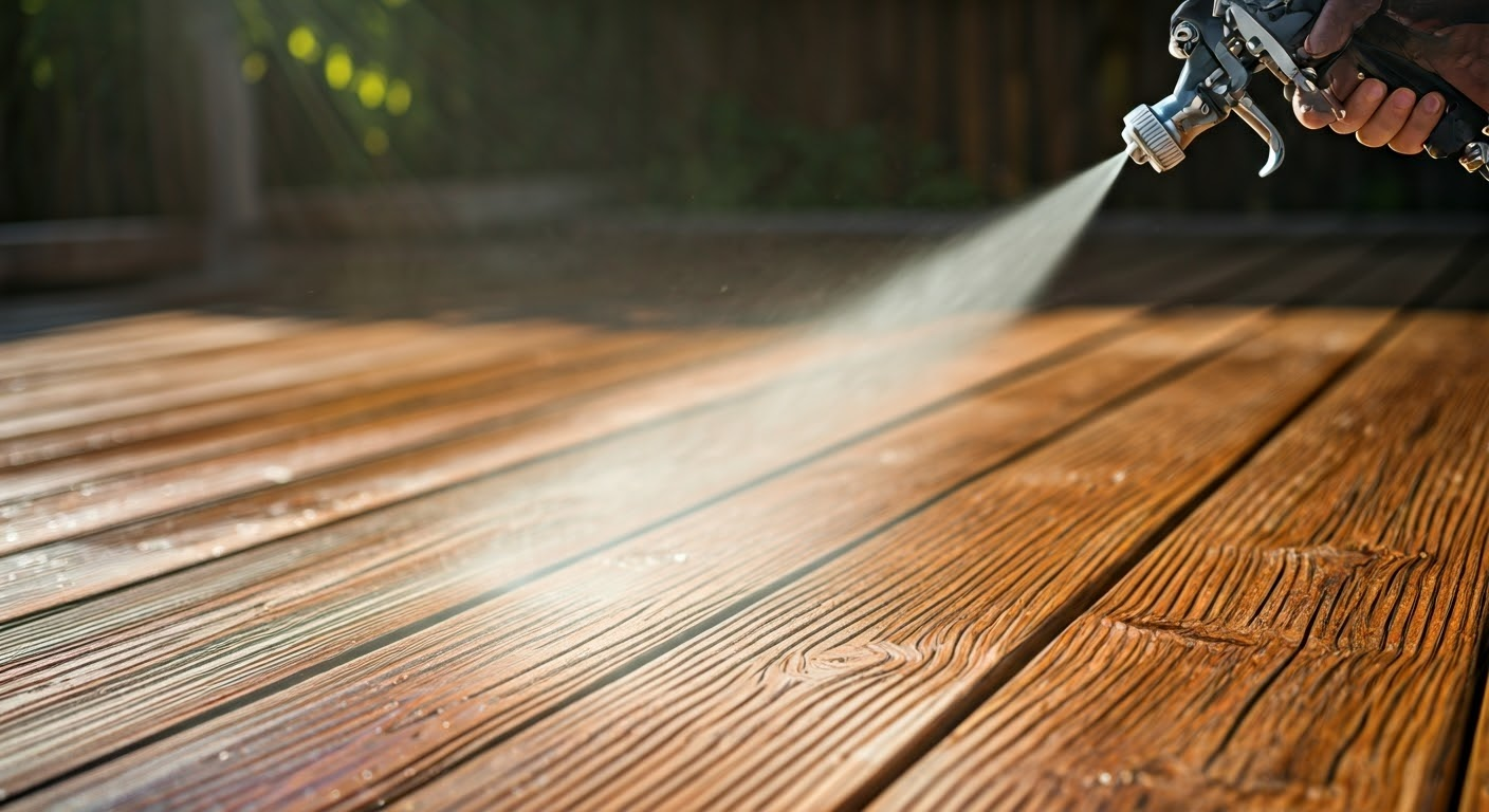 Applying water sealer to a wooden deck