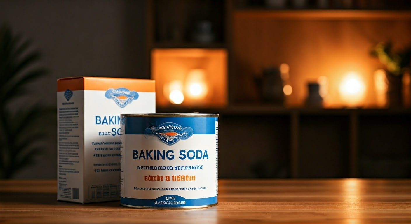 Baking soda and paint cans in home.
