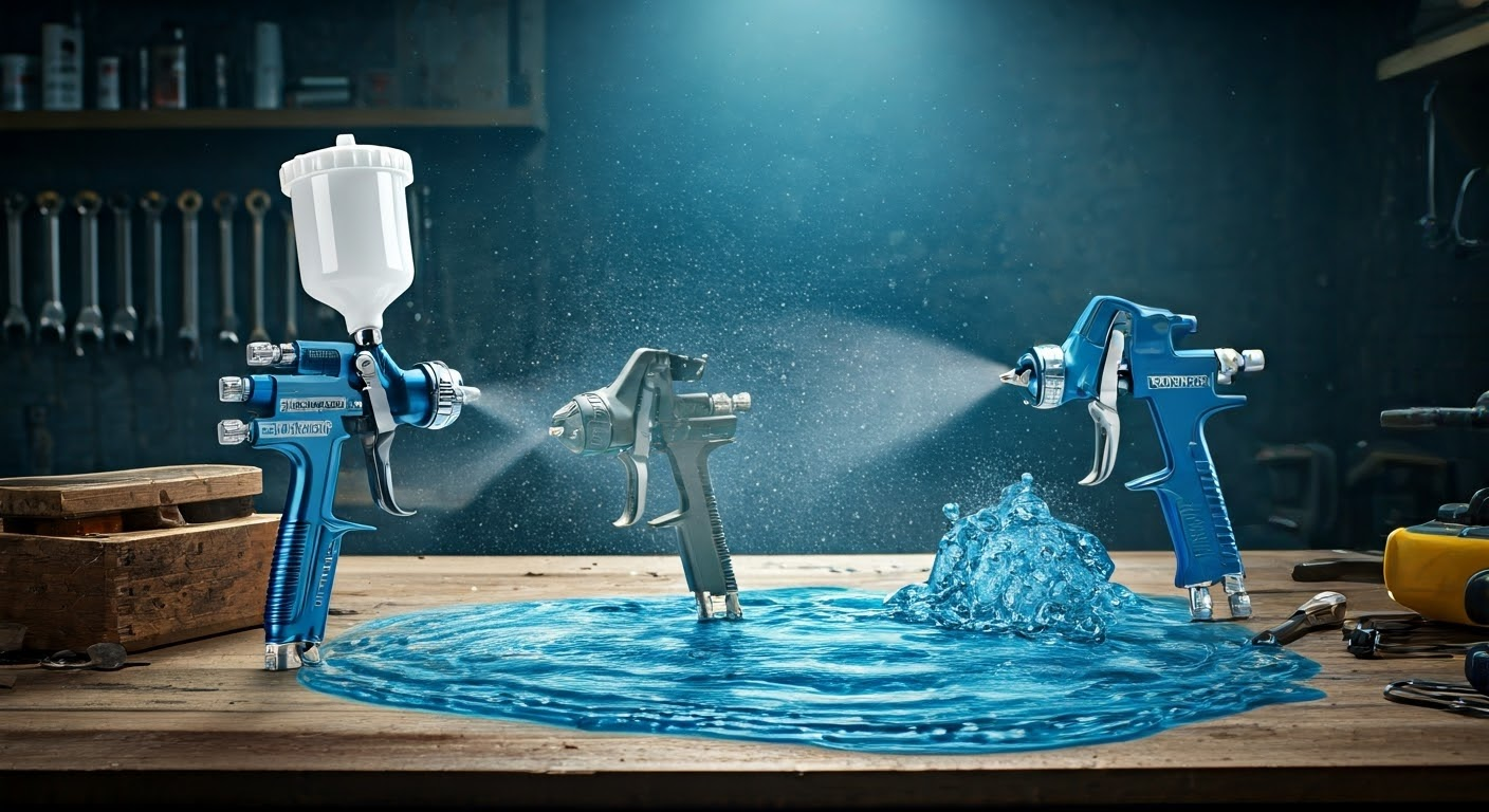 Various paint sprayers in a workshop