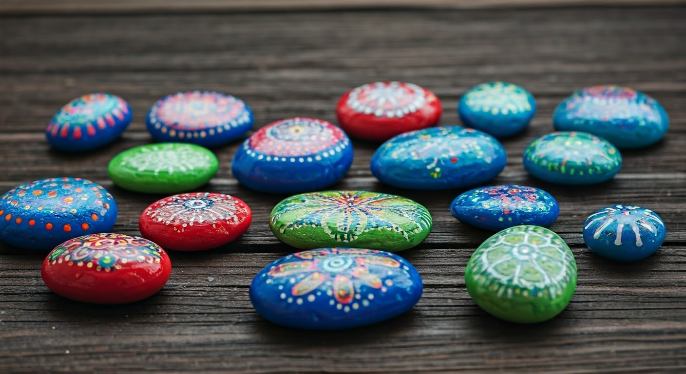 Colorful painted rocks with gloss.