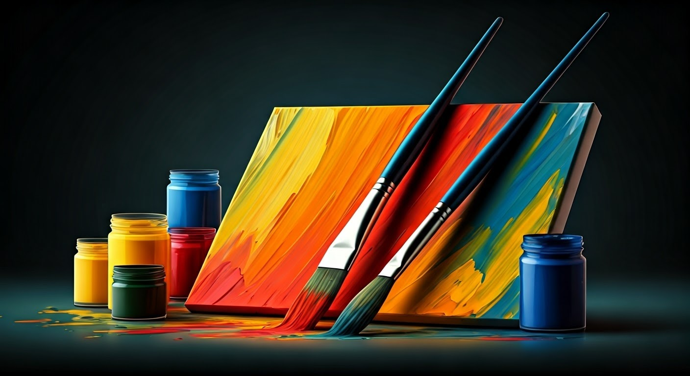 Colorful acrylic paints and brushes.