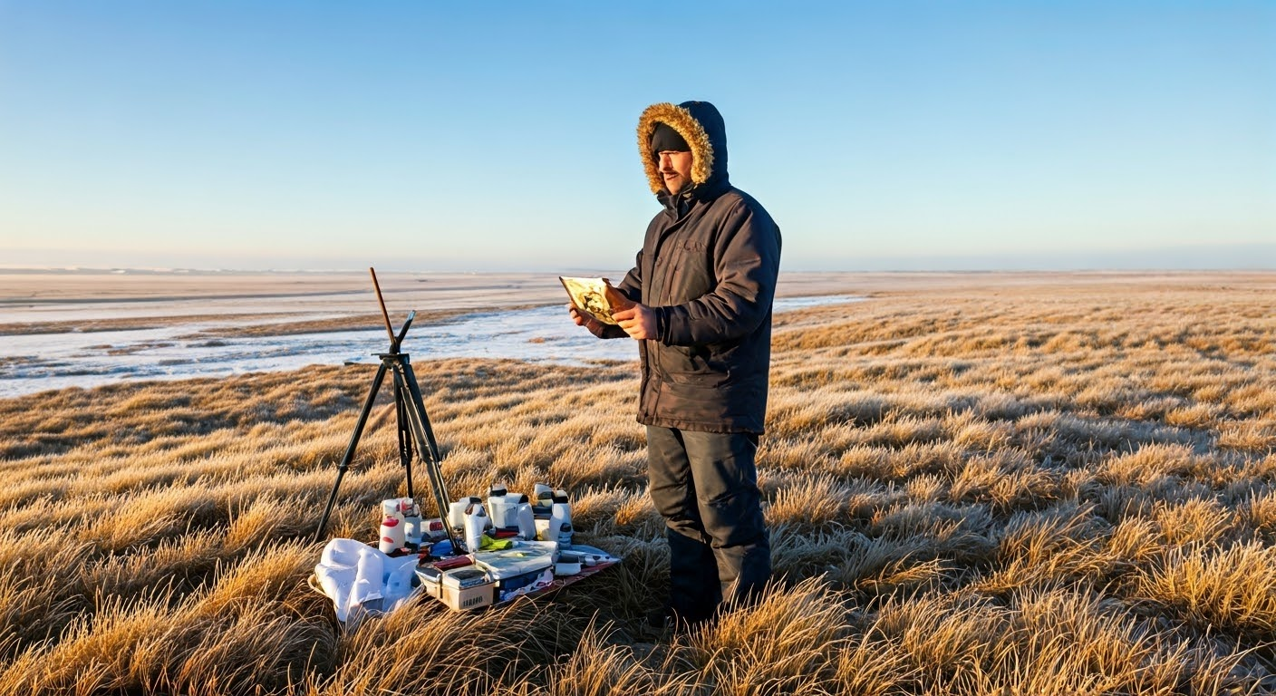 Painter in cold weather with supplies