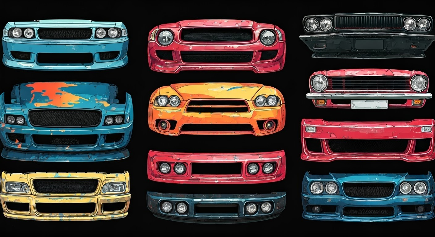 Colorful car bumpers with paint tools