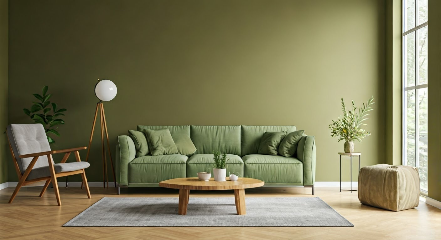 Stylish room with olive green walls