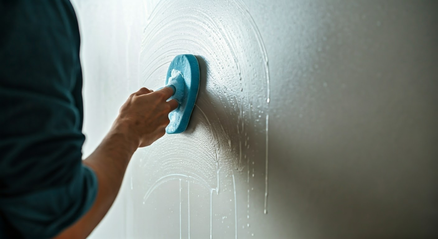 Person washing a wall with soap