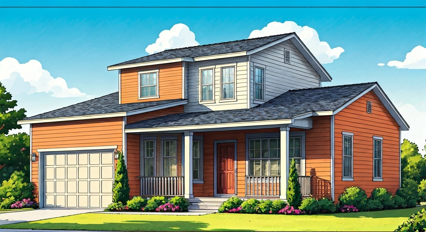 House with elastomeric paint finish