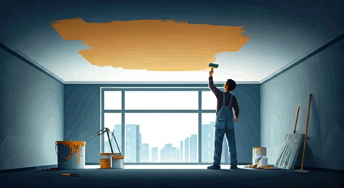 Painter applying ceiling paint