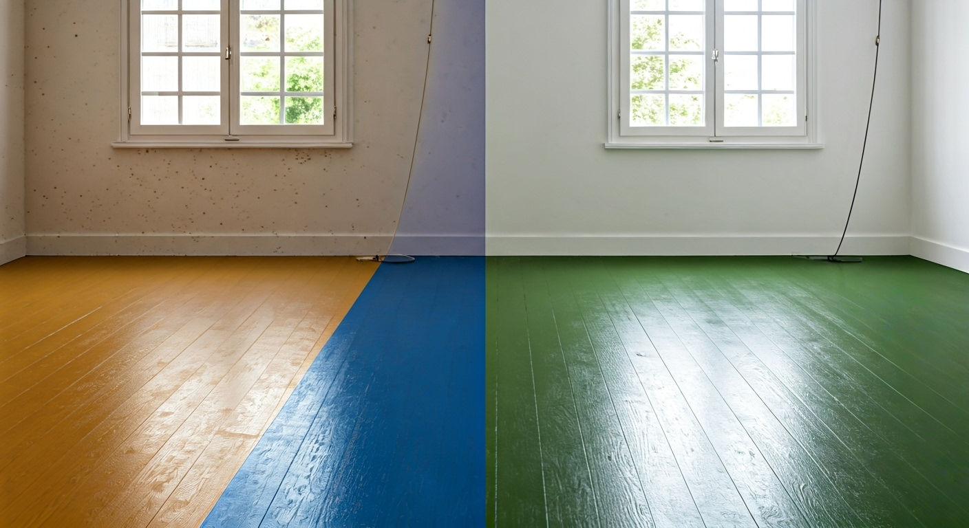 Before and after painted linoleum floor