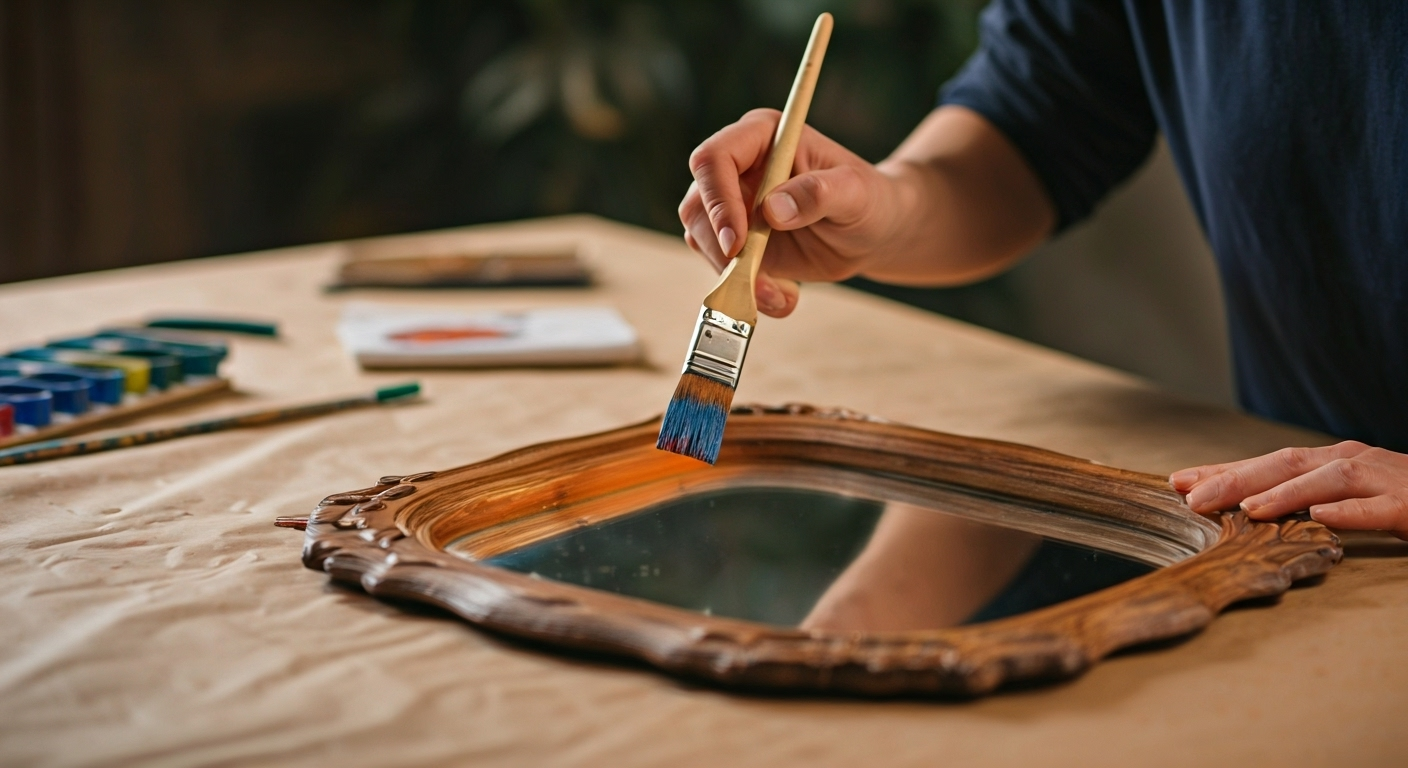 Painting a mirror frame indoors